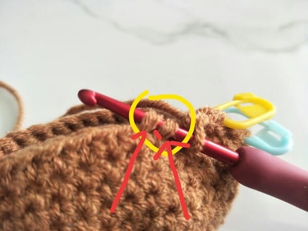 Insert the hook only into the front loop of the first and second stitches