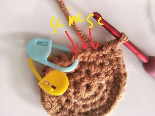 When we left the last three stitches in this round,SC, then the next stitch is INC,then SC.