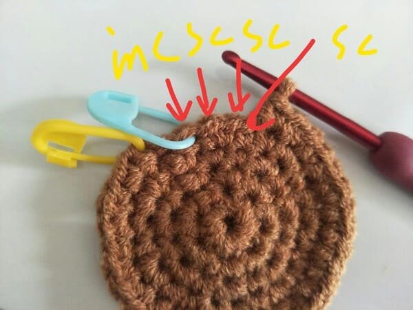 When we left the last four stitches in this round,stitches listed are in this order: SC, SC, SC, INC.