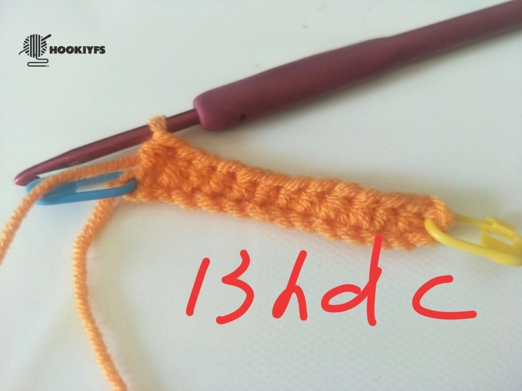 13 half double crochet are completed for round 1 for crochet pumpkin pattern
