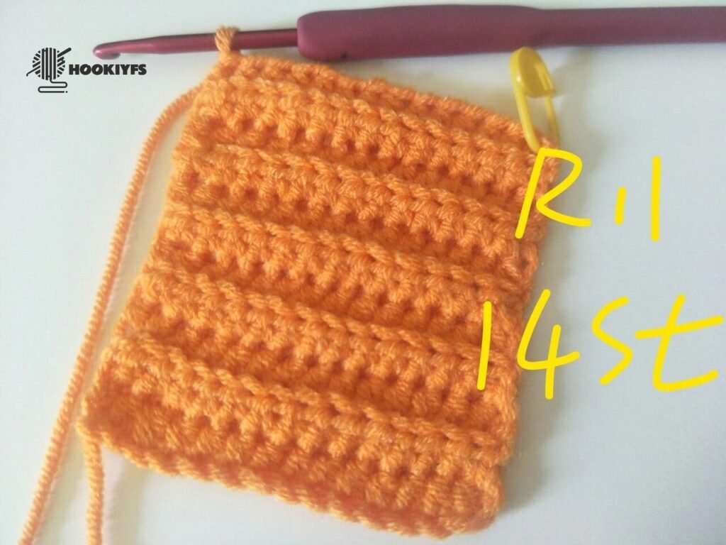 14 stitches is completed for round 11 for crochet pumpkin pattern