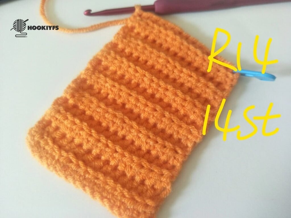 14 stitches is completed for round 14 for crochet pumpkin pattern