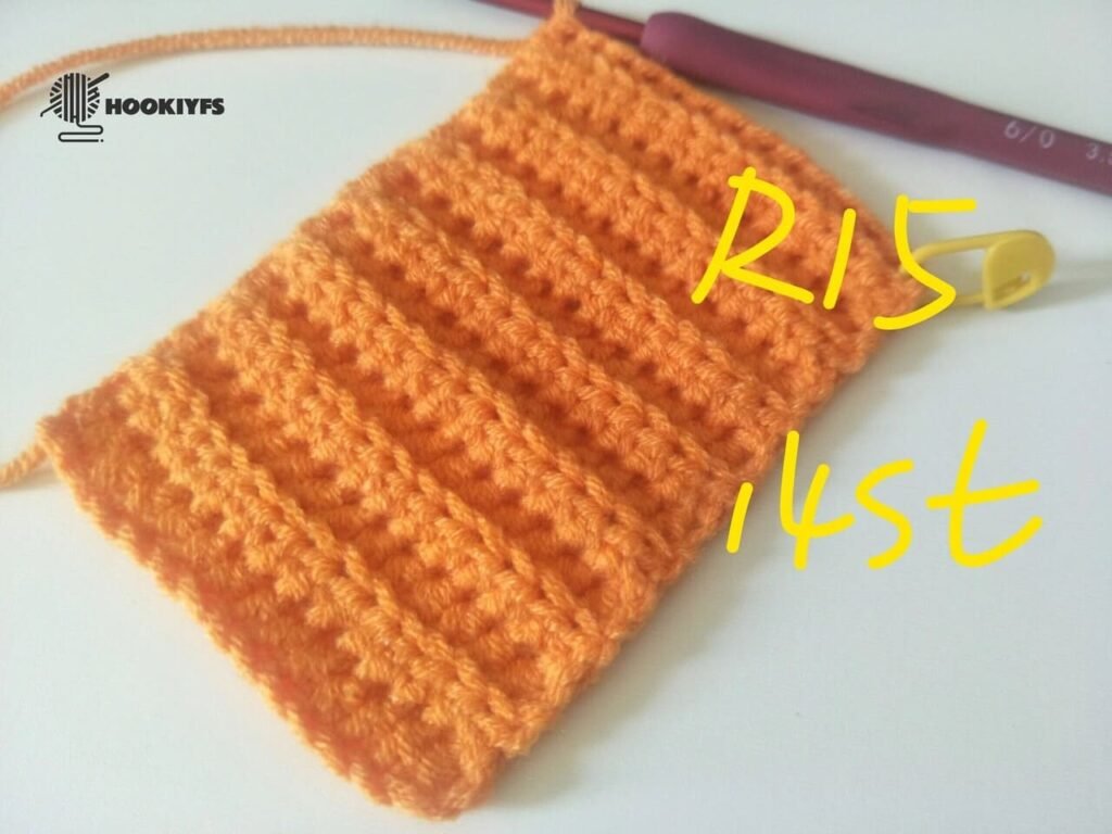 14 stitches is completed for round 15 for crochet pumpkin pattern