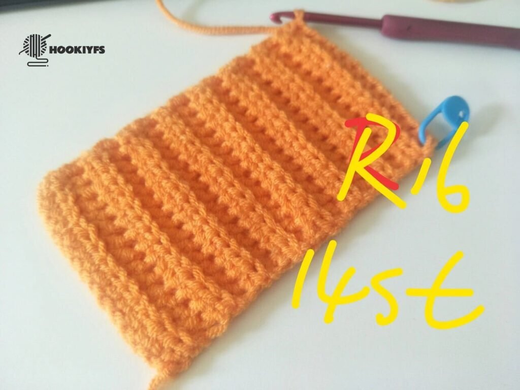 14 stitches is completed for round 16 for crochet pumpkin pattern