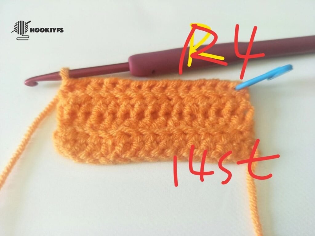 14 stitches is completed for round 4 for crochet pumpkin pattern