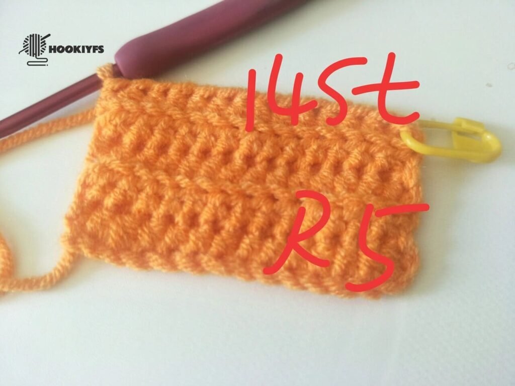 14 stitches is completed for round 5 for crochet pumpkin pattern