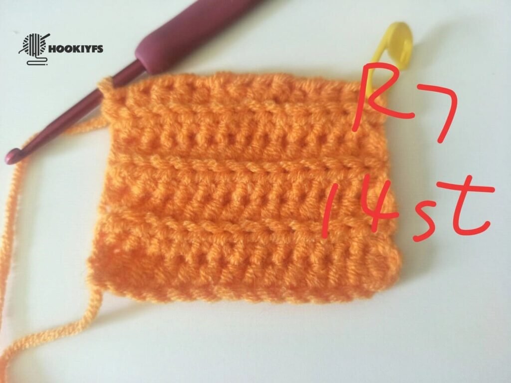 14 stitches is completed for round 7 for crochet pumpkin pattern