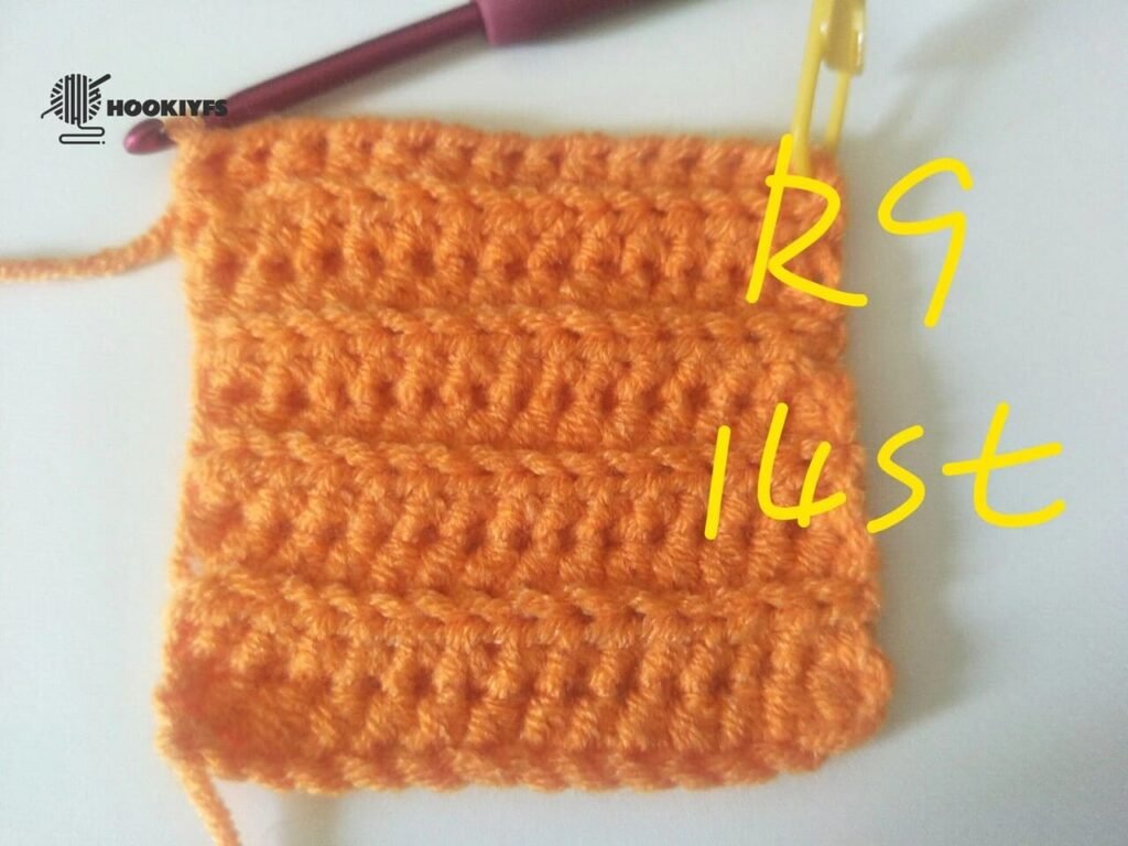14 stitches is completed for round 9 for crochet pumpkin pattern