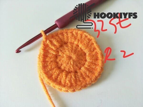 32 st is completed for R2 for turtle crochet(with orange yarn)