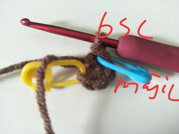6 sc in to the magic ring for drumstick crochet