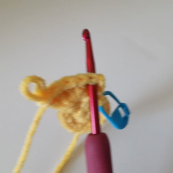 Insert the hook into the first double stitch for popcorn