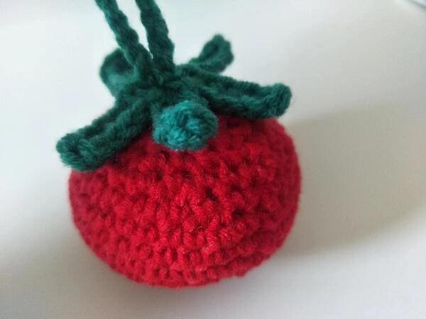 glue the leaf on the top of body for crochet tomato