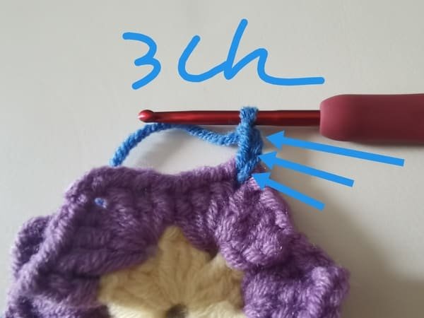 3 chain stitches for round 3 for crochet butterfly pattern