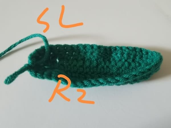 40 single crochets are completed for round 2 for pea pod
