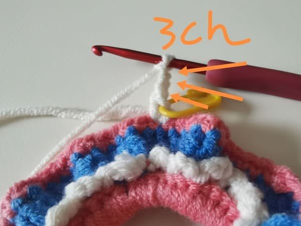crochet 3 chain stitches for the first group