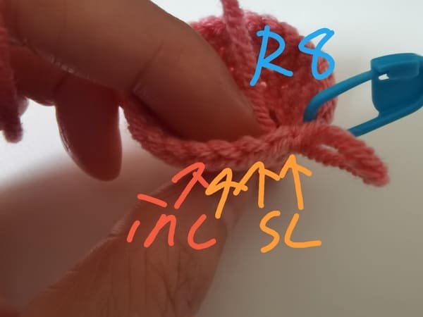 crochet order (3sc, inc) repeat 6 times for round 8 for crochet pig