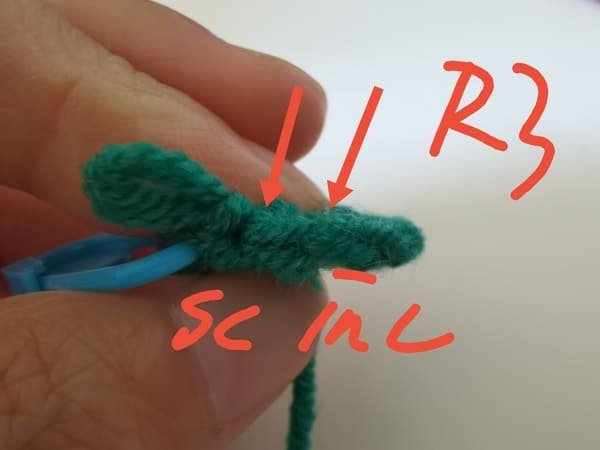 crochet order (sc, inc）repeat 6 times for round 3 for frog crochet pattern