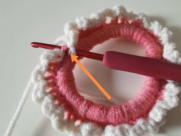 the hook inert the last front loop for slip stitch for round 2