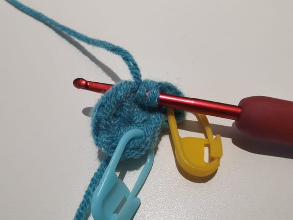 the hook insert for the next half double stitch in same hole