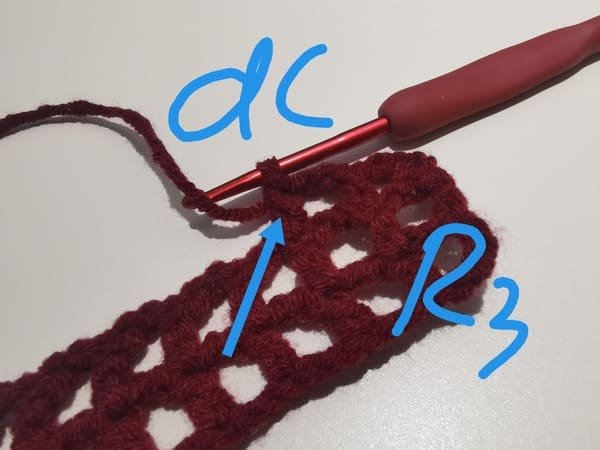 the second double stitch for round 3 for bow crochet
