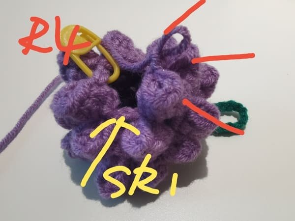then crochet 3 popcorns and skip 1 for round 4.