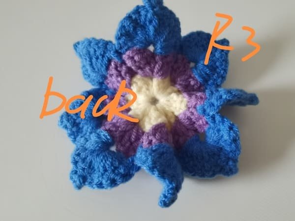 view of back for round 3 for crochet butterfly pattern
